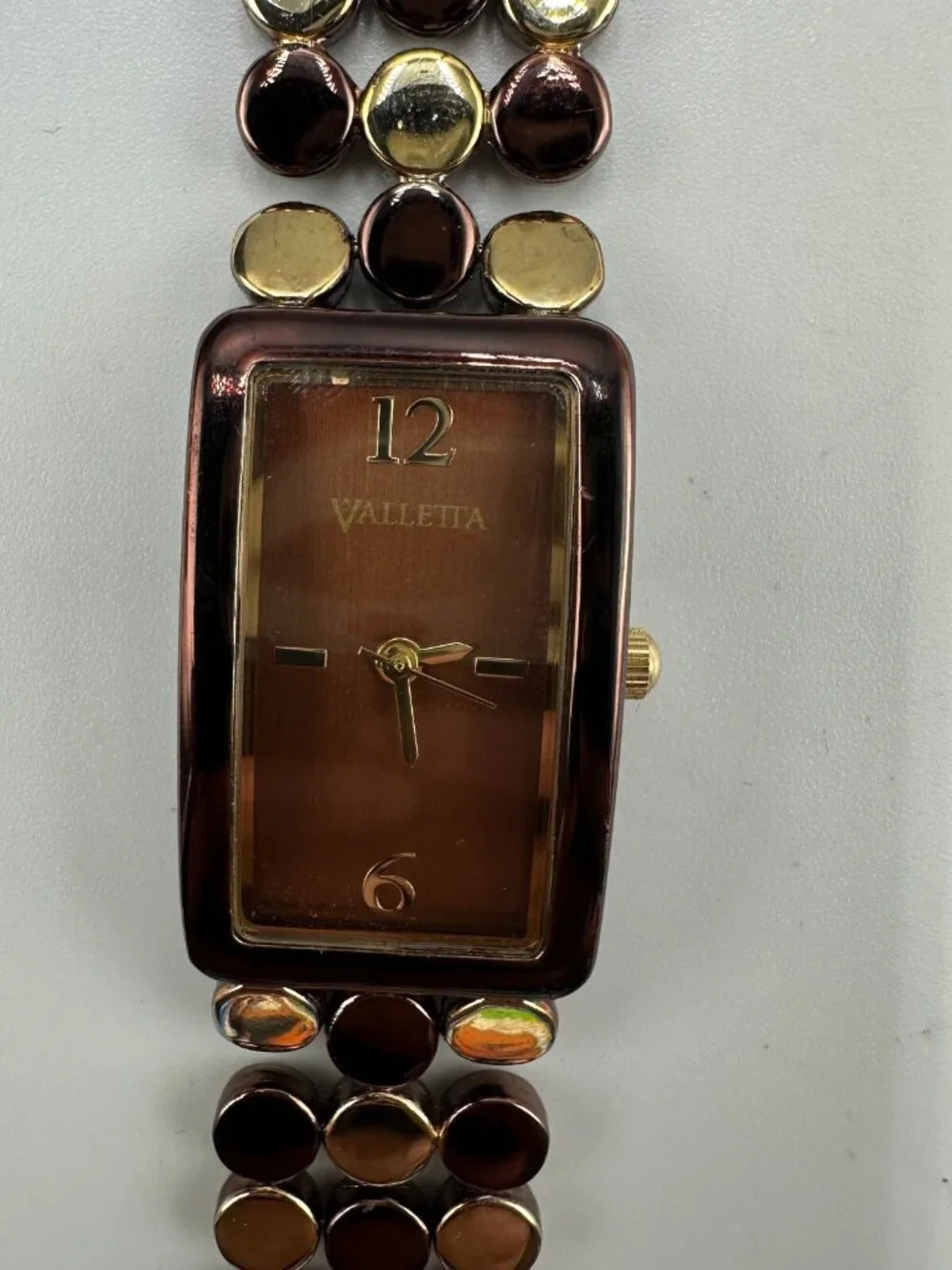 3/$30 Valletta Watch Women Gold Brown Two Tone Circle Link Band Rectangle
